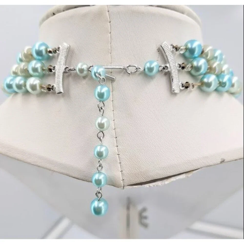 Vintage Japan Triple Strand Faux Pearl Necklace Aqua Cream Silver Tone 18 Inch